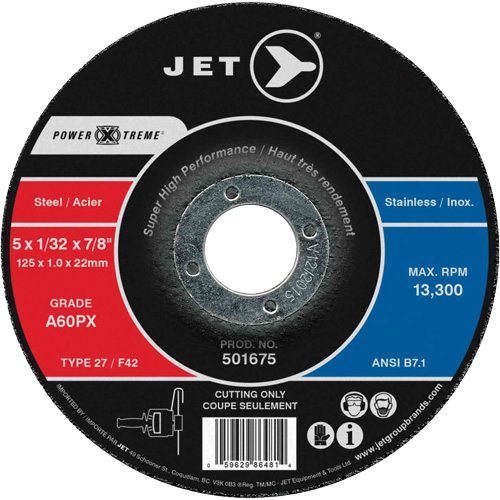 Power Xtreme Cut-Off Wheels for Angle Grinders - Steel/Stainless Steel, 5" x 1/32", 7/8" Arbor, Type 27, 12200 RPM Equipex