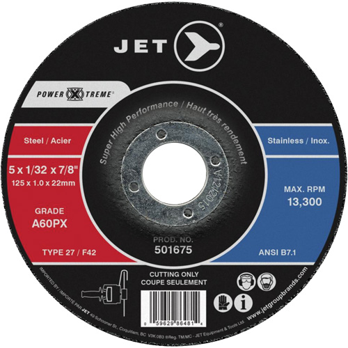 Meules &agrave; tronçonner Power Xtreme pour des meuleuses &agrave; angle — pour acier/acier inoxydable, 5" x 1/16", Arbre de 7/8", Type 27, 12 200 Tr/min Equipex
