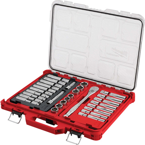 Jeu de cliquets et rochets avec organisateur &agrave; profil bas PACKOUT, 47 Mcx, Prise de 1/2", Profond Equipex
