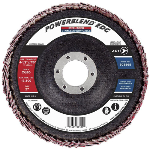 POWERBLEND EDG Flap Disc, 4-1/2" x 7/8", Type 27, CG60 Grit, Ceramic Equipex