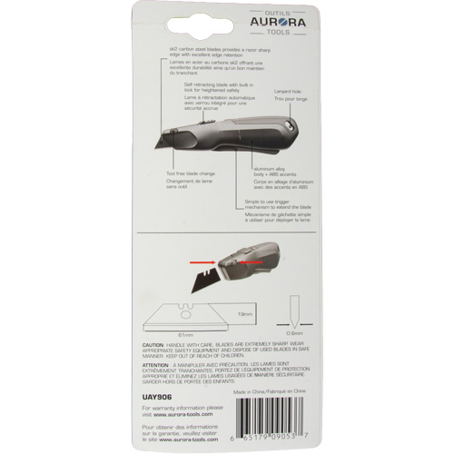 Couteau de s&eacute;curit&eacute; r&eacute;tractable , Acier inoxydable, Robuste, Prise en Plastique/Aluminium Equipex