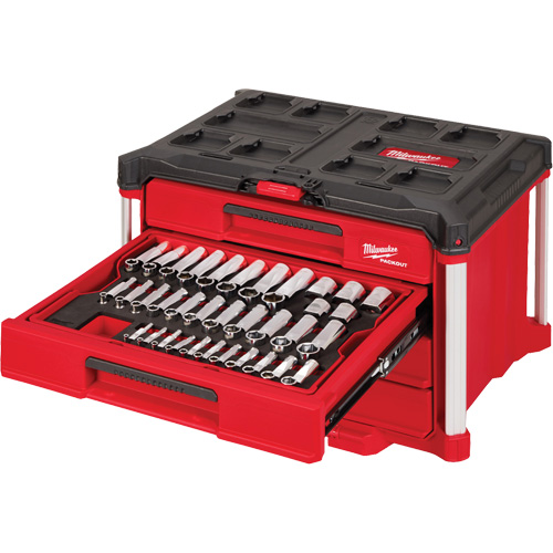 Ensemble de 242 pi&egrave;ces de douilles et cliquets m&eacute;triques et SAE 1/4", 3/8" et 1/2" avec boîte &agrave; outils PACKOUT &agrave; 4 tiroirs, 16-3/10" x 22-1/5" x 14-3/10", Noir/Rouge Equipex