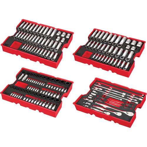 Jeu de cliquets et douilles m&eacute;triques et SAE avec organisateur PACKOUT &agrave; profil bas, 242 Mcx, Chocs, Prise de 1/4"/3/8"/1/2", Profond Equipex