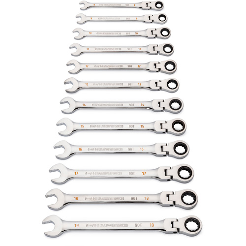 90-Tooth 12 Point Wrench Set, Flex Head/Ratcheting Combination, 12 Pieces, Metric Equipex