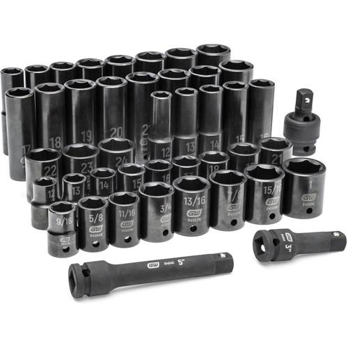 6 Point SAE/Metric Socket Set, 44 Pcs, Impact, 1/2" Drive Size, Deep Equipex