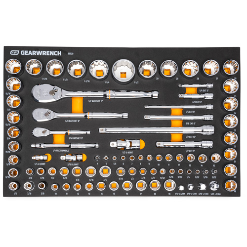 Jeu d'outils SAE/m&eacute;triques pour m&eacute;canicien &agrave; 90 dents 1/4", 3/8" & 1/2" avec plateau de rangement en mousse Equipex