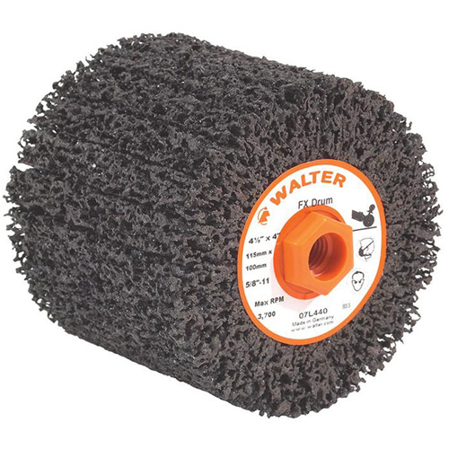 FX Cleaning & Finishing Drum, 4-1/4" Dia. x 4" W, 5/8"-11 Arbor, Coarse Grit Equipex