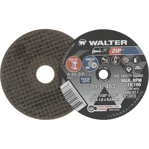 Zip Cut-Off Wheel, 4" x 1/32", 3/8" Arbor, Type 1, Aluminum Oxide, 19100 RPM Equipex