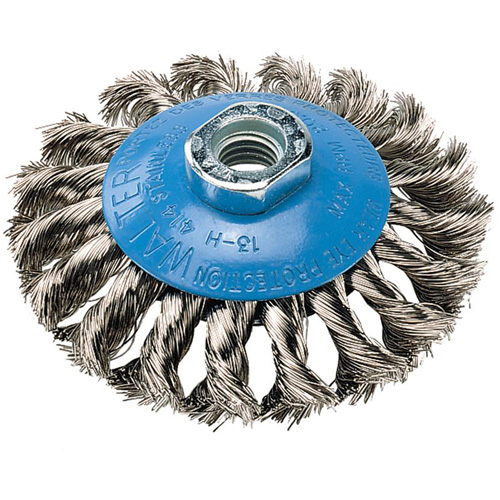 Brosse concave &agrave; fils nou&eacute;s torsad&eacute;s, Dia. 7", Fils 0,02", Arbre 5/8"-11, Aluminium/Acier inoxydable Equipex