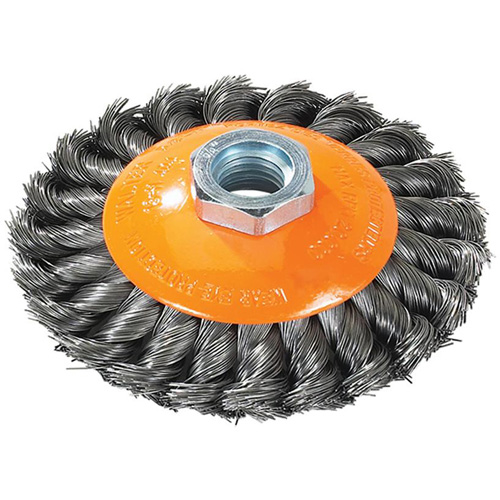 Knot-Twisted Saucer Cup Wire Wheel, 7" Dia., 0.02" Fill, 5/8"-11 Arbor, Steel Equipex