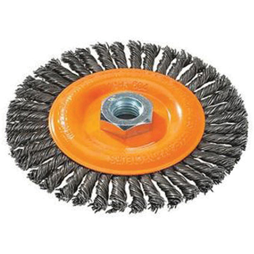 Brosse &agrave; fils nou&eacute;s pour cordons de soudure, Dia. 4", Fils 0,02", Arbre 5/8"-11, Acier Equipex