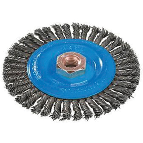 Brosse &agrave; fils nou&eacute;s pour cordons de soudure, Dia. 4", Fils 0,02", Arbre 5/8"-11, Aluminium/Acier inoxydable Equipex