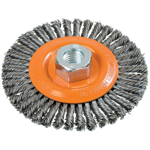 Brosse &agrave; fils nou&eacute;s pour cordons de soudure, Dia. 4-1/2", Fils 0,02", Arbre 5/8"-11, Acier Equipex