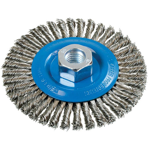Brosse &agrave; fils nou&eacute;s pour cordons de soudure, Dia. 4-1/2", Fils 0,02", Arbre 5/8"-11, Aluminium/Acier inoxydable Equipex