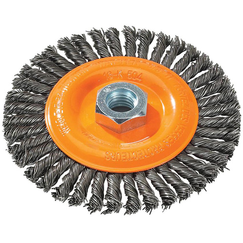 Stringer Bead Knotted Wire Brush, 5" Dia., 0.02" Fill, 5/8"-11 Arbor, Steel Equipex
