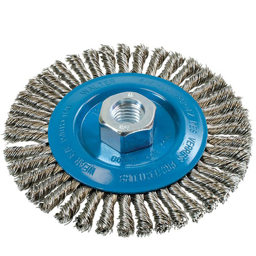 Knot-Twisted Stringer Bead Wire Wheel, 5" Dia., 0.02" Fill, 5/8"-11 Arbor, Aluminum/Stainless Steel Equipex