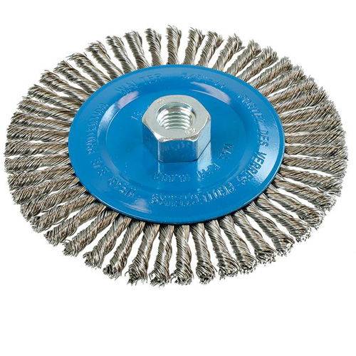 Brosse &agrave; fils &eacute;troits nou&eacute;s et torsad&eacute;s, Dia. 6", Fils 0,02", Arbre 5/8"-11, Aluminium/Acier inoxydable Equipex