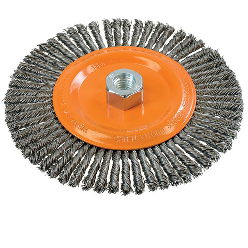 Stringer Bead Knotted Wire Brush, 6-7/8" Dia., 0.02" Fill, 5/8"-11 Arbor, Steel Equipex