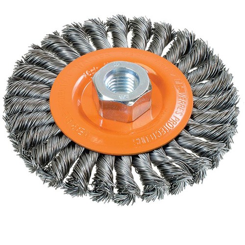 Wide Knotted Wire Wheel Brush, 4-1/2" Dia., 0.02" Fill, 5/8"-11 Arbor, Steel Equipex