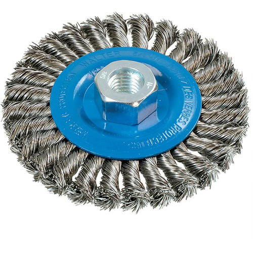 Wide Knotted Wire Wheel Brush, 4-1/2" Dia., 0.02" Fill, 5/8"-11 Arbor, Aluminum/Stainless Steel Equipex