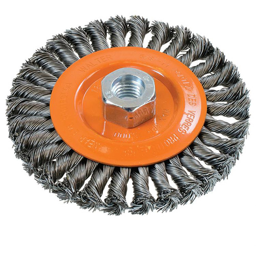 Brosse rotative &agrave; fils nou&eacute;s large, Dia. 5", Fils 0,02", Arbre 5/8"-11, Acier Equipex