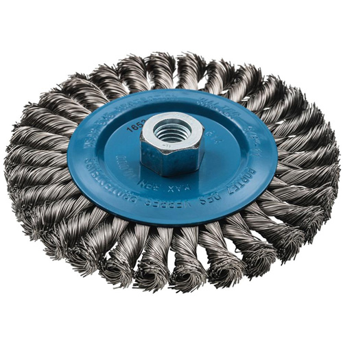 Wide Knotted Wire Wheel Brush, 6" Dia., 0.02" Fill, 5/8"-11 Arbor, Aluminum/Stainless Steel Equipex