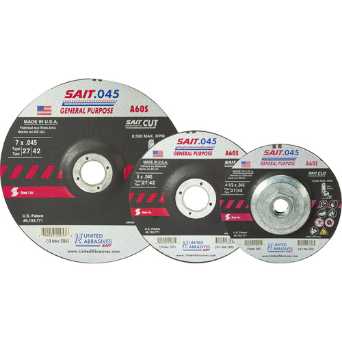 Disque de coupe Sait, 5" x 0,045", Arbre de 7/8", Type 27, Oxyde d'aluminium, 12 200 Tr/min Equipex