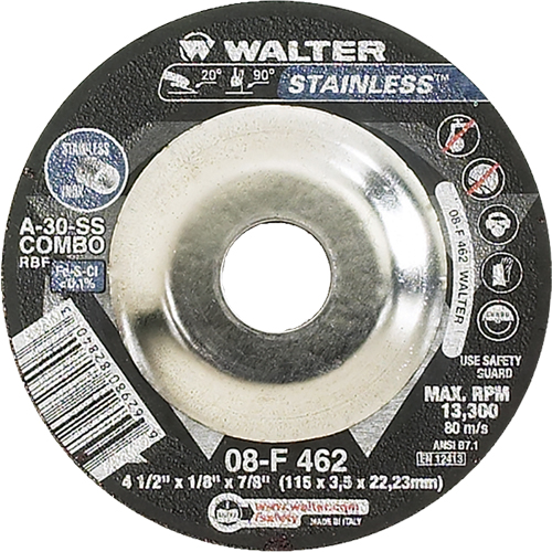 Depressed Centre Grinding Wheels - Stainless Type 27, 4-1/2" x 1/8", 7/8" Arbor, Type 27 Equipex