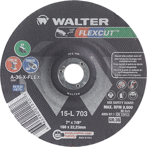 Meules &agrave; moyeu d&eacute;port&eacute; Flexcut, 7", 36 Grain, Oxyde d'aluminium, 7/8", 8600 Tr/min, Type 29 Equipex