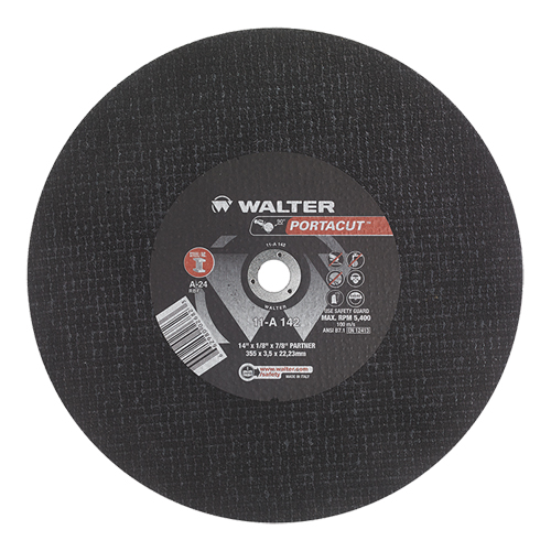 Meule &agrave; tronçonner rapide en acier inoxydable Portacut, 14" x 1/8", Arbre de 7/8", Type 1, Oxyde d'aluminium, 5400 Tr/min Equipex
