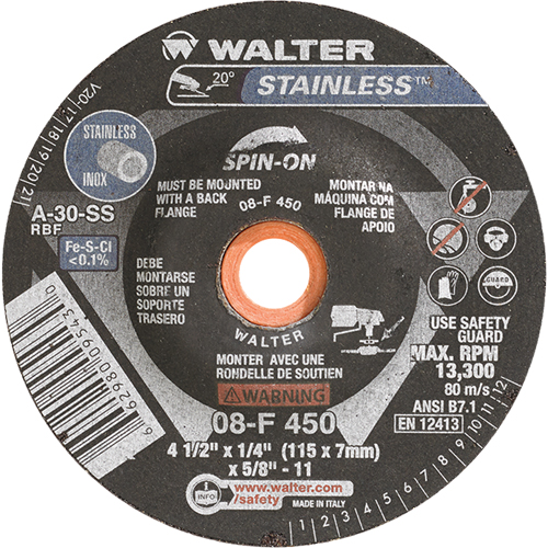 Depressed Centre Grinding Wheels - Stainless Type 27, 4-1/2" x 1/4", 5/8"-11 Arbor, Type 27S Equipex