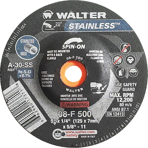Depressed Centre Grinding Wheels - Stainless Type 27, 5" x 1/4", 5/8"-11 Arbor, Type 27S Equipex