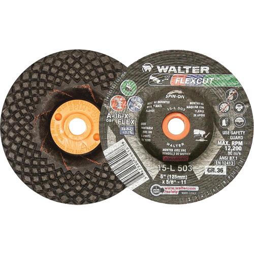 Meules &agrave; moyeu d&eacute;port&eacute; Flexcut, 5", 36 Grain, Oxyde d'aluminium, 5/8"-11, 12 200 Tr/min, Type 29 Equipex
