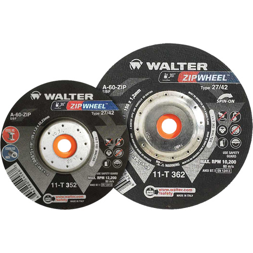 Spin-On Zipcut Right Angle Grinder Reinforced Cut-Off Wheels, 5" x 7/8", 5/8"-11 Arbor, Type 27, Aluminum Oxide, 12200 RPM Equipex