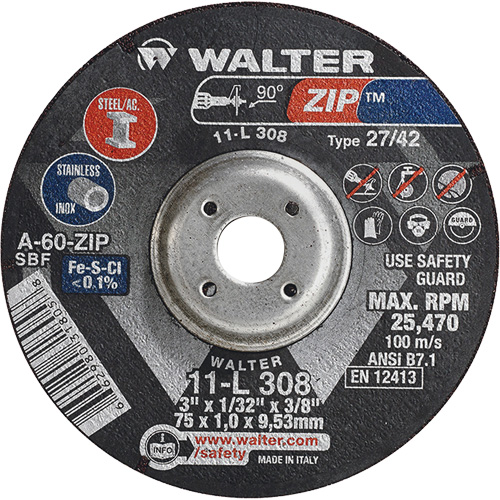 Disque de meulage et de tronçonnage Zip, 3" x 1/13", Arbre de 3/8", Type 27, Grain de 60, Oxyde d'aluminium Equipex