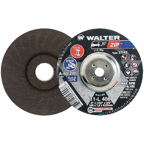 Disque de meulage et de tronçonnage Zip, 4" x 1/32", Arbre de 3/8", Type 27, Grain de 60, Oxyde d'aluminium Equipex