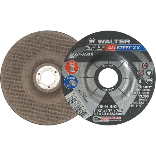 Depressed Centre Grinding Wheels - Allsteel XX, 4-1/2" x 1/8", 7/8" Arbor, Type 27, Zirconia Alumina, 13300 RPM Equipex
