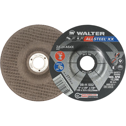Depressed Centre Grinding Wheels - Allsteel XX, 5" x 1/8", 7/8" Arbor, Type 27, Zirconia Alumina, 12200 RPM Equipex
