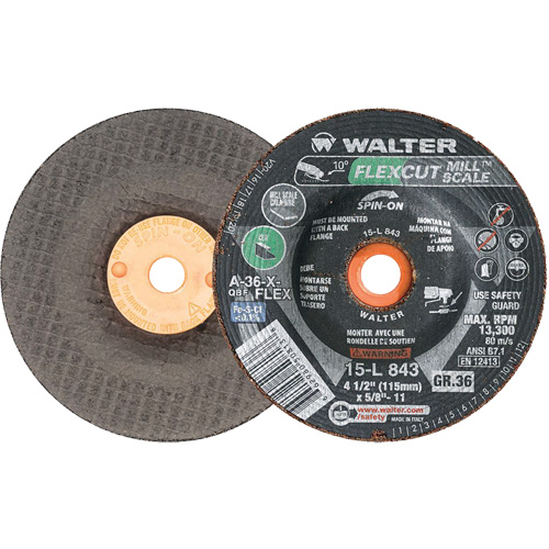 FLEXCUT MILL SCALE Grinding Wheel, 4-1/2", 36 Grit, Aluminum Oxide, 5/8"-11, 13300 RPM, Type 29 Equipex