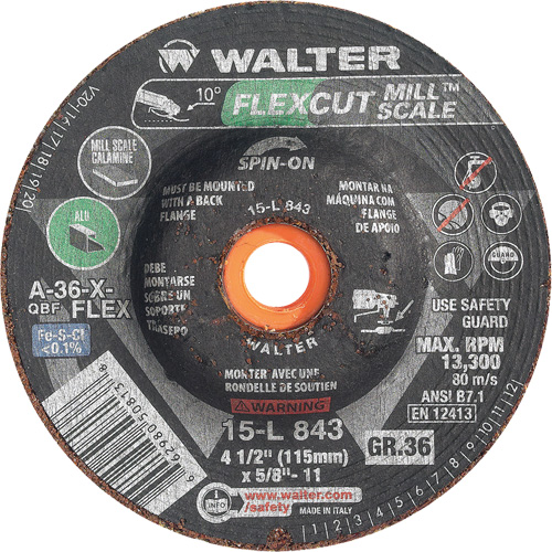 FLEXCUT MILL SCALE Grinding Wheel, 4-1/2", 36 Grit, Aluminum Oxide, 5/8"-11, 13300 RPM, Type 29 Equipex