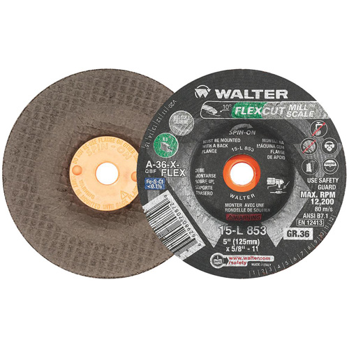 FLEXCUT MILL SCALE Grinding Wheel, 5", 36 Grit, Aluminum Oxide, 5/8"-11, 12200 RPM, Type 29 Equipex