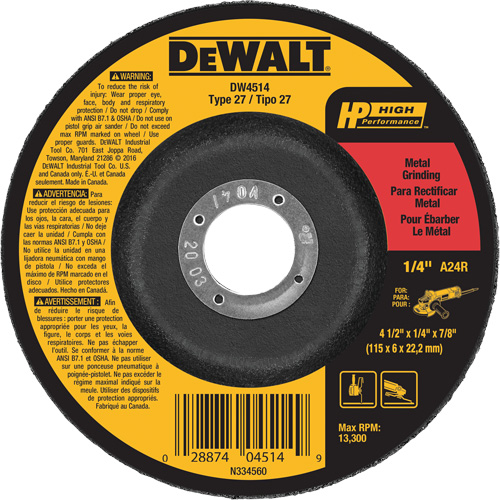 High Performance Metal Grinding Wheel, 4-1/2" x 1/4", 7/8" Arbor, Aluminum Oxide, Type 27 Equipex
