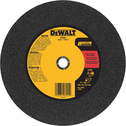 General Purpose Metal Cutting Chop Saw Wheel, 14" x 7/64", 1" Arbor, Type 1, Aluminum Oxide, 4300 RPM Equipex