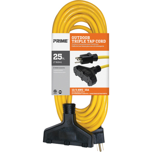 Vinyl Extension Cord, Outdoor, SJTW, 12/3 AWG, 15 A, 3 Outlet(s), 25' Equipex