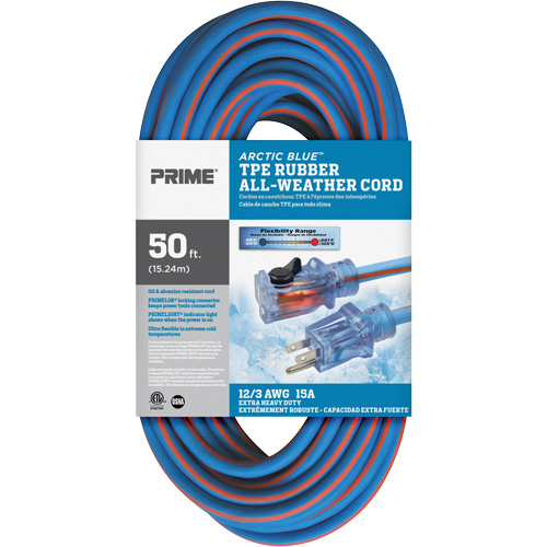 Cordon rallonge verrouillable toute saison en caoutchouc TPE Arctic Blue, Toutes saisons, SJEOW, AWG 12/3, 15 A, 50' Equipex