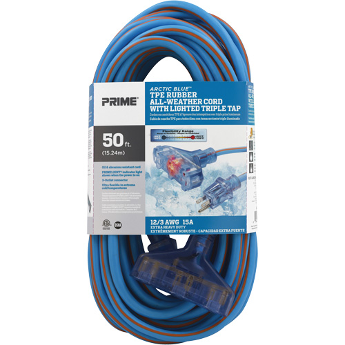Cordons rallonges en caoutchouc TPE Arctic Blue, Toutes saisons, SJEOW, AWG 12/3, 15 A, 3 prise(s), 50' Equipex