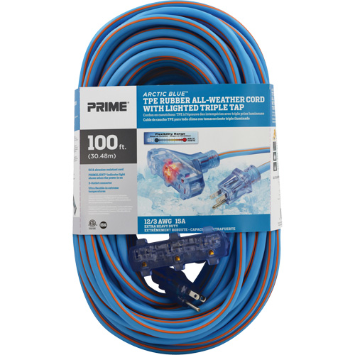 Cordons rallonges en caoutchouc TPE Arctic Blue, Toutes saisons, SJEOW, AWG 12/3, 15 A, 3 prise(s), 100' Equipex