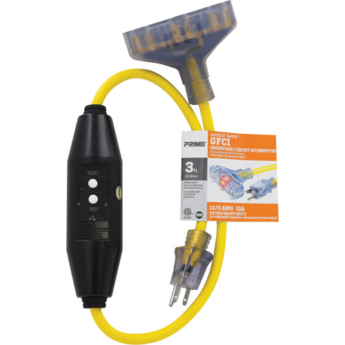 Adaptateurs pour disjoncteurs de fuite &agrave; la terre &agrave; trois prises Shocksafe, 125 V, 15 A, Cordon de 3' Equipex