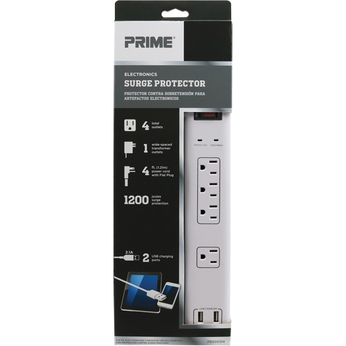 Limiteurs de surtension avec chargeur USB, 4 Prises, 1200 J, 1875 W, Cordon 4' Equipex