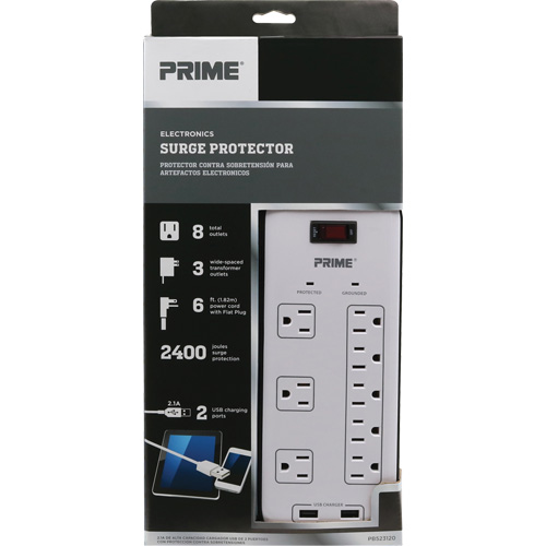 Limiteurs de surtension avec chargeur USB, 8 Prises, 2400 J, 1875 W, Cordon 6' Equipex